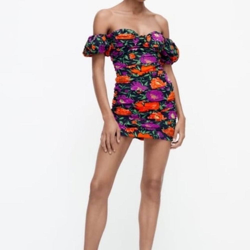 NWT ZARA off the shoulder Puff shoulder mini floral dress sz L blogger Fav